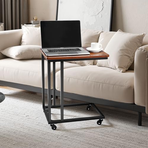 VEVOR C Table, C Shaped Sofa Side Table with Metal Frame Rolling Casters, Portable C Shaped End Stand for Living Room Bedroom Office, 19.69 x 13.78 x 23.82 inches Laptop Side Tables, Brown and Black - Image 2