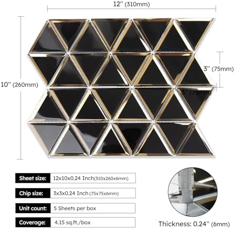Diflart Beveled Mirror Glass Mosaic Tile, Glass Tile for Bathroom Kitchen Backsplash Shower Wall, Pack of 5 Sheets (Black and Gold, 3 Inch) - Image 3