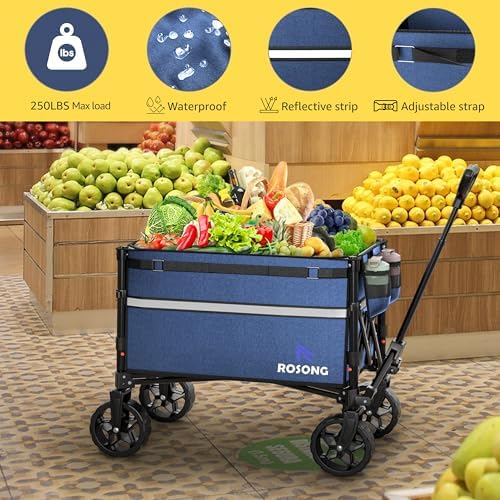 ROSONG Collapsible Wagon Cart with Wheels Foldable - Folding Utility Heavy Duty Wagons Carts for Grocery Sports Garden Shopping Camping Wheelbarrows (Navy Blue, 120L) - Image 3
