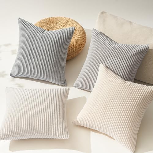 Topfinel 4 Packs Neutral Decorative Throw Pillows Covers 26x26 Inch for Living Room Couch Bed Sofa, Rustic Farmhouse Boho Neutral Home Decor, Soft Plush Striped Corduroy Square Cushion Case 65x65 cm - Image 3