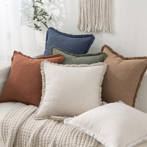 MIULEE Linen Fringe Decorative Throw Pillow Covers Natural Beige 18x18 - Image 6