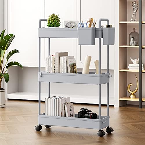 SOLEJAZZ Slim Rolling Storage Cart Skinny Bathroom Organizer, 3 Tier, Gray - Image 6