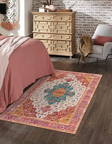 Moynesa Ultra-Thin Washable Vintage Area Rug - 3x5 Boho Girls Bedroom Non-Slip Non-Shedding Oriental Medallion Living Room Mat Indoor Carpet for Office Nursery Room, Pink/Teal/Multi - Image 6