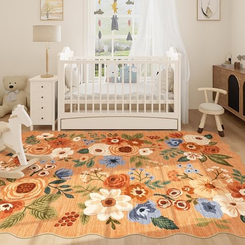 DUKINO 5x7 Area Rugs for Bedroom, Floral Washable Rug Non Slip, Orange - Image 5