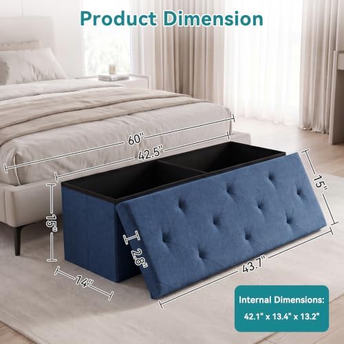 OLIXIS 43 Inch Folding Storage Ottoman Bench, Blue Ottoman with Storage - Image 3