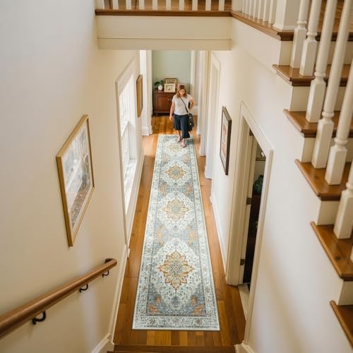 RELEANY Washable Area Rug, Runner 2'x10', Beige/Carbon Grey/Orange - Image 2