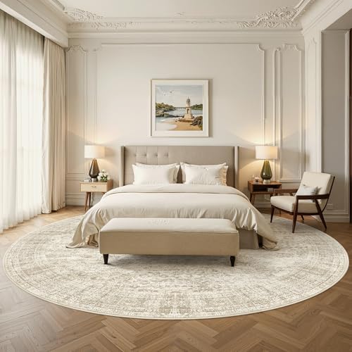Soalmost Round Rugs 8ft Living Room Circle Area Rug 8x8 Beige Vintage - Image 4