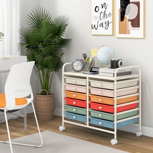 Giantex 12 Drawers Rolling Cart, Mobile Storage Drawer Cart, Classroom Organizer Cart for Office School Supplies Tools Scrapbook Paper Craft Small Printer, Utility Cart on Wheels, Macaron - Image 4