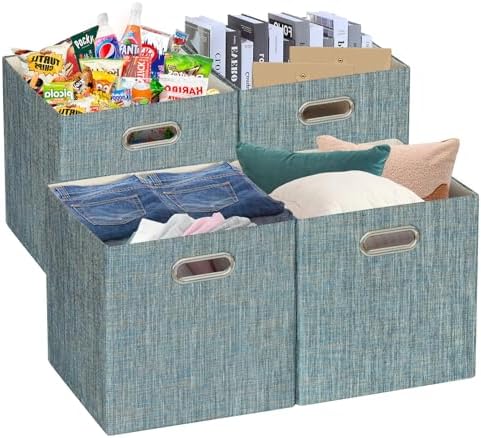 Posprica Storage Basket Bins,13×13×13 Foldable Storage Boxes Fabric Drawer Cubes for Closet Shelf Cabinet Bookcase - Set of 4,Teal by Posprica