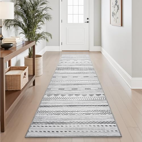 2x10 Runner Rug Machine Washable Non Slip Area Rug Distressed Neutral Moroccan Boho Rug Ultra Soft Floor Runners for Hallways for Entryway Laundry Room Kitchen, Black by Tchdio