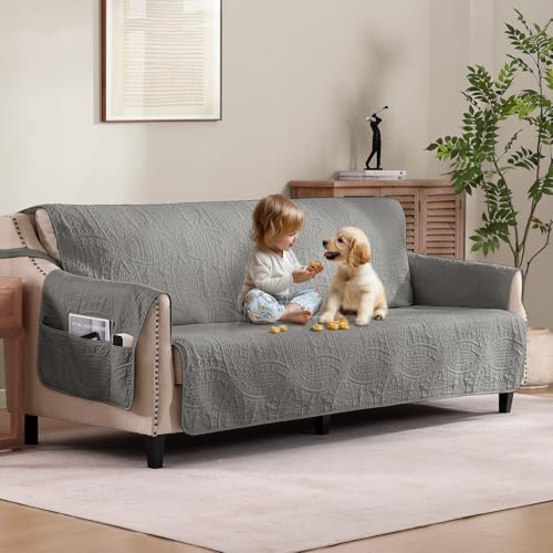 Quilted Cool Gray Sofa Slipcovers with Pockets, Anti-Slip Medallion Couch Covers for 3 Cushion Sofa, Couch Cover for Dogs Cats Water-Repellent Machine Washable (Large Sofa 68", Cool Gray) by Pamhaven