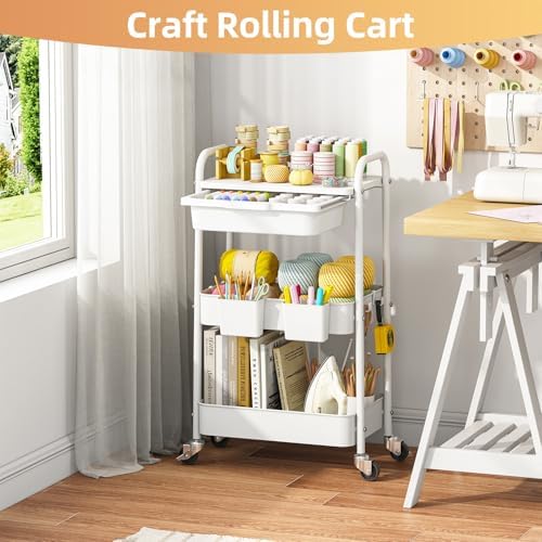 KINGRACK 3 Tier Metal Rolling Cart with Drawer, White Utility Storage Cart | 2 Cups & 4 Hooks, Lockable Wheels, Trolley Organizer for Bathroom, Kitchen, Office, Nursery, Dorm, Laundry, Craft Room - Image 7