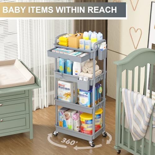 Goovilla 4 Tier Rolling Utility Cart Organizer with Removable Drawer, Grey - Image 6