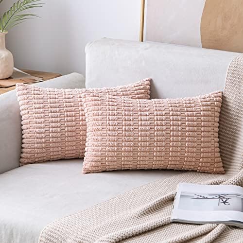 MIULEE Pack of 2 Corduroy Decorative Throw Pillow Covers 12x20 Inch Soft Boho Striped Pillow Covers Modern Farmhouse Home Decor for Spring Sofa Living Room Couch Bed Pink by MIULEE