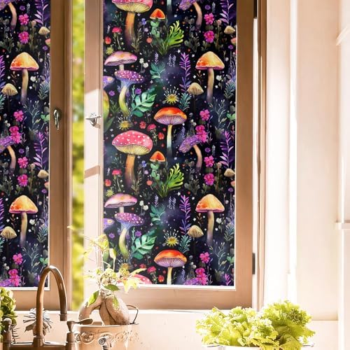 Dark Black Purple Pink Red Mushroom Flowers Stained Glass Window Films Decorative Double-Side Privacy Film Self-Adhesive Static Glass Clings for Living Room Bathroom Decor by Unknown