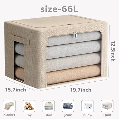 FHSQX 2 Pack Clear Window Storage Bins - Large Stackable Linen Fabric Storage for Clothes Foldable Container Organizer Set with Carrying Handles (Beige, 19.7x 15.7x 12.6 Inch) - Image 4