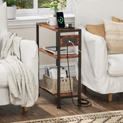 End Table with Charging Station, 3-Tier Side Table for Small Space, Skinny Nightstand with USB/Type C Port and 2 Outlets, Slim Beside Table for Living Room, Bedroom, Balcony, Rustic Brown - Image 4