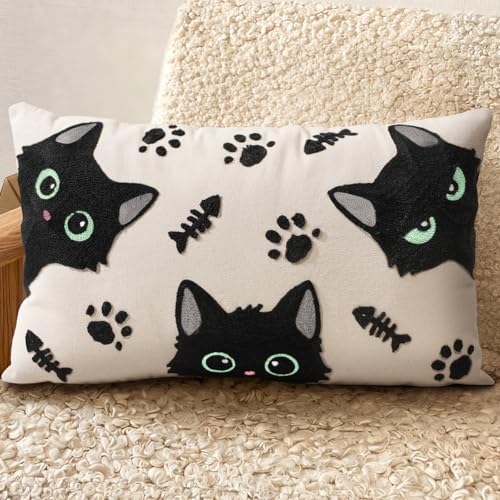 Embroidered Lumbar Pillow Cover 20x12 Inch, Cat Bone by Kokaaee