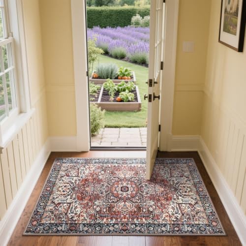 Hanples 2x3 Washable Rugs for Entryway, Vintage Floral Door Mat, Red - Image 4