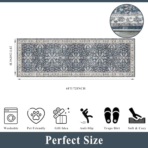 2x6ft Washable Hallway Carpet Runner – Non-Skid Floor Runner Rug for Kitchen Indoor Entryway Bedroom Bathroom Bedside – Boho Vintage Soft Low-Pile Area Rug (Blue,2x6) - Image 2