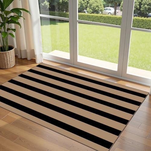 Black Tan Striped Entry Rug - 3x5 Non-Slip Indoor Outdoor Rugs by Othilic