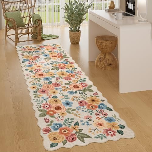 DUKINO 2x6 Runner Rug, Floral Washable Rug for Kitchen, Beige Yellow by DUKINO