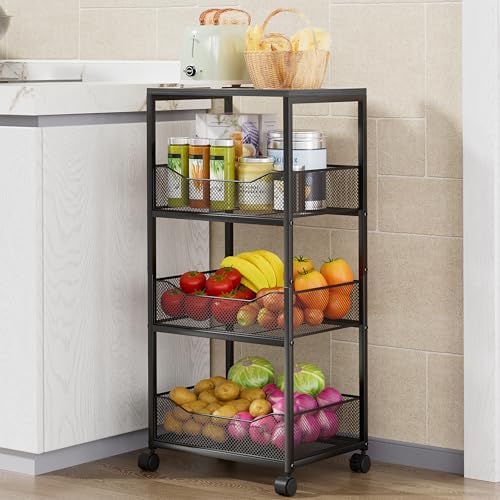 HapiRm Fruit Basket Kitchen Cart - 4-Tier Rolling Storage Cart with Wheels, Fruit Vegetable Basket with Wood Top, Pantry Utility Kitchen Organizer for Fruit Potato Onion Vegetable Bread Snack by HapiRm