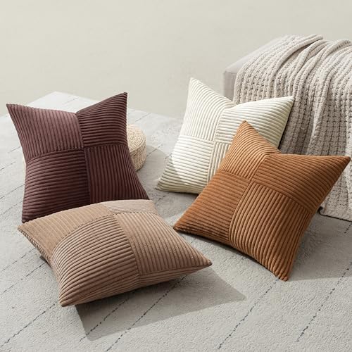 MIULEE Brown Throw Pillow Covers 18x18 Inch Set of 4 Boho Farmhouse Cushion Cases Neutral Gradient Corduroy Pillow Cases with Invisible Zipper Patchwork Home Decor for Couch Sofa Bed - Image 6