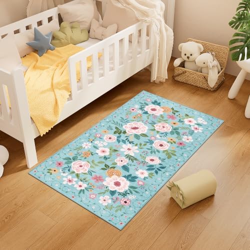 DUKINO 2x4 Entryway Rug, Floral Washable Kitchen Rugs Non Slip, Teal - Image 5