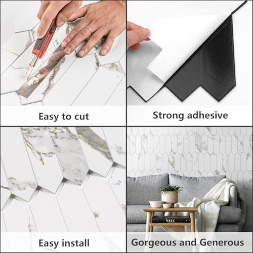 Vamos Tile Glossy White Marble with Gold Veining Backsplash Tile Peel and Stick, 12.8 x 12.8 Inch 10 Sheets Long Hexagon PVC Self Adhesive Mosaic Tiles Stick on Backsplash for Kitchen and Bathroom - Image 5