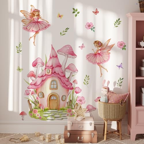 Pink Fairy Mushroom Wall Stickers Decal - Cottage Butterfly Flower Peel & Stick Removable Art Decoration Wall Decor for Girls Bedroom Kids Room Nursery Playroom,100 cm x120 cm - Image 5