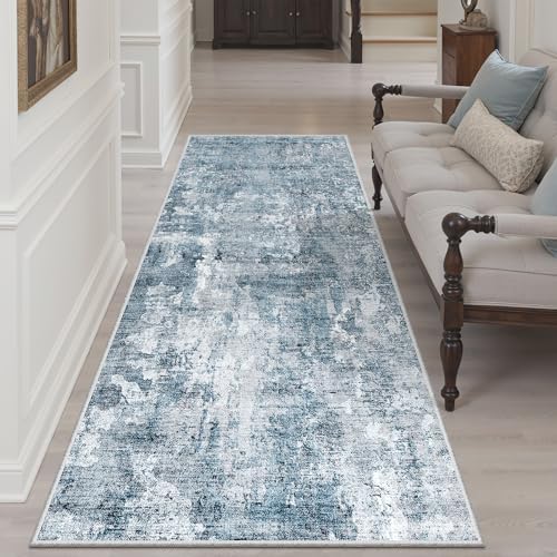 Soalmost Abstract Runner Rug 3x6 Hallway Kitchen Rugs Non-Slip, Blue/Grey - Image 3