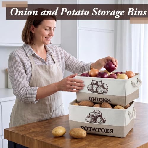 Marsui 2 Pcs Potato and Onion Storage Baskets with Handles, White Brown - Image 3