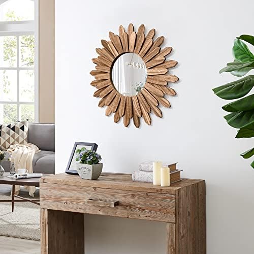 Honiway Mirror Wall Decor 21 inch Rustic Wood Boho Aesthetic Mirror for Room & Home Decor Farmhouse Wall Decor at Living Room Bedroom Carbonized Black - Image 4