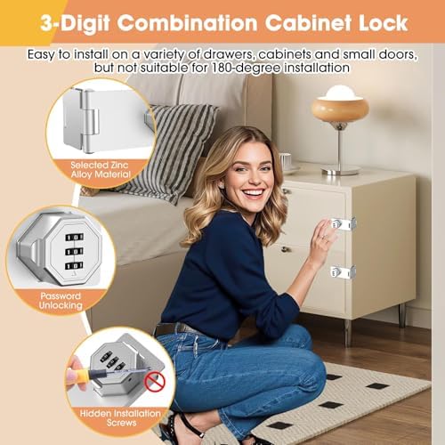 90 Degree Cabinet Locks with Combination, Mechanical Folding Door Latch, Keyless Password Rotary Hasp Latch Lock for Office File Cabinet, Drawers, Locker, Small Door, Cupboard (1, Silver) - Image 2
