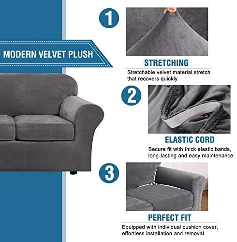 H.VERSAILTEX 4 Pieces Thick Velvet Sofa Covers Couch Covers for 3 Cushion Couch Sofa High Stretch Slipcovers Furniture Protector Form Fit Luxury Couch Cover for Dogs Width Up to 90 Inch(Sofa,Grey) - Image 3