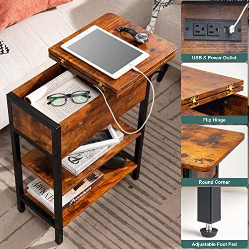 Yoobure End Table with Charging Station, Flip Top Side Table with USB Ports and Outlets, Sofa Couch Table Bedside Table for Living Room Bedroom, Narrow Nightstand with Storage Shelves for Small Space - Image 4