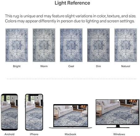 ReaLife Rugs Machine Washable Area Rug - Living Room Bedroom Bathroom Kitchen Entryway Office - Padded Low Pile Stain Resistant Premium - Boho Farmhouse Vintage - Joy - Blue Ivory 5' x 7' - Image 6