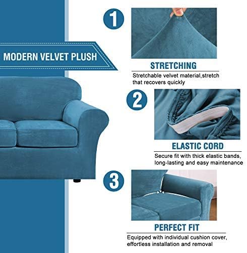 H.VERSAILTEX Real Velvet Plush 3 Piece Stretch Sofa Covers Couch Covers for 2 Cushion Couch Sofa Slipcovers Width Up to 90 Inch Feature Thick Soft Stay in Place (Large Sofa, Peacock Blue) - Image 3