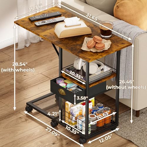 Rolling Coffee Table with Oversized Double-Wide Wood Top, Mobile Tv Tray with Storage Drawer and Wheels for Sofa, Portable Side Table for Living Room, Home Office, Spacious Desk for Working Studying - Image 3