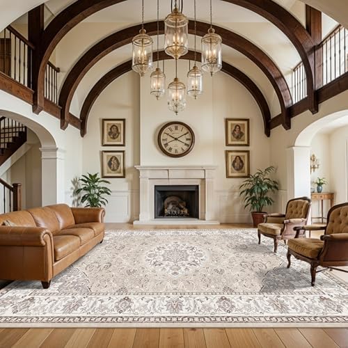 12x15 Living Room Area Rug: Oriental Large Neutral Bedroom Carpet Soft Distressed Floor Mat with Non-Slip Backing Indoor Ultra Thin Water-Resistant Dining Room Rug Farmhouse Home Decor(12x15 Beige) by HYHAOYUNLAI
