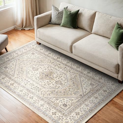 3x4 Washable Entryway Area Rug - Non-Slip Vintage Throw Rugs Beige Gray - Image 3