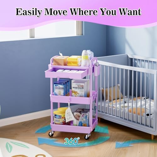 SUNALLY 3 Tier Rolling Cart with Drawer,Craft Storage Cart Organizer,Purple - Image 6