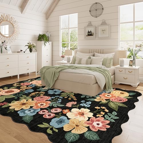 DUKINO 5x7 Area Rugs for Bedroom, Floral Washable Rug Non Slip, Black - Image 3