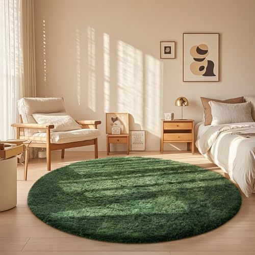 Ophanie Round Rug 5Ft Grey Green Circle Area Rug, Grayish Green Room Decor, Fluffy Fuzzy Bedroom Carpet,Plush Soft Shaggy Living Room Rugs for Kids Home Aesthetic,Nursery with Over 99 pcs Pile fibers by Ophanie