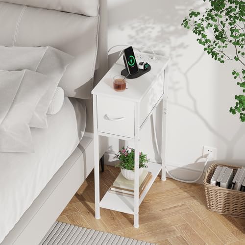 Vagusicc End Table with Charging Station, Narrow Side Table Nightstand with Fabric Drawer, Slim Nightstand for Bedroom, Small Bedside Table, Slim Sofa Side Table for Small Spaces, White - Image 6