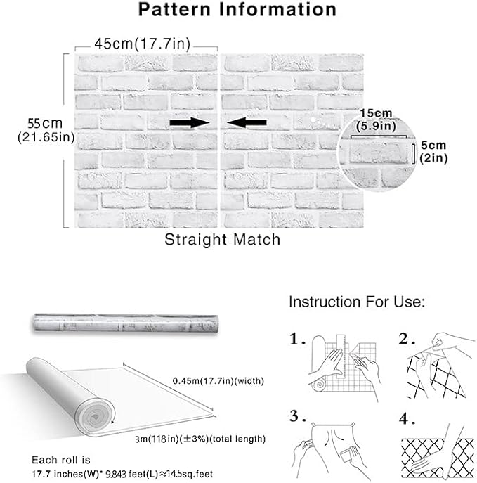 Cohoo Home White Brick Wallpaper Peel and Stick Contact Paper Faux 120”×18” | White Gray Brick Contact Paper for Walls Self Adhesive Removable Wall Covering for Kitchen, Bedroom, Fireplace & Backsplash - Image 6