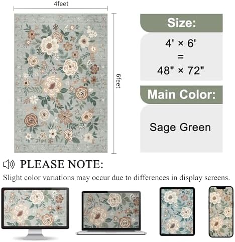 DUKINO 4x6 Area Rug, Floral Washable Office Chair Rug Non Slip, Sage Green - Image 2