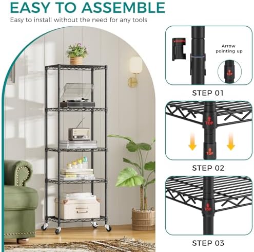 SINGAYE 5 Shelves Storage Shelf Wire Shelving Unit Metal Adjustable Wheels - Image 7