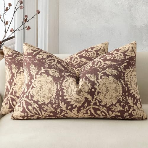 Vintage Floral Print Throw Pillow Covers 12x20 Set of 2 Neutral Modern Farmhouse Pillow Cases Accent Decorative Cushion Covers Boho Home Decor for Couch Sofa Chair Bed Living Room, Oxblood by DKwizme